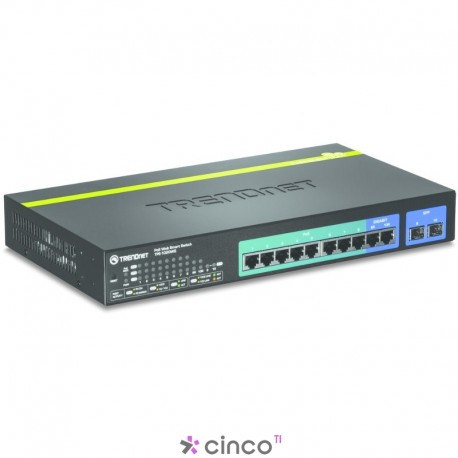 Switch Trendnet gigabit web smart 8 portas PoE+ e 2 portas Gigabit Ethernet, 2slots Mini GBicSFP - 30 W por porta TPE-1020WS