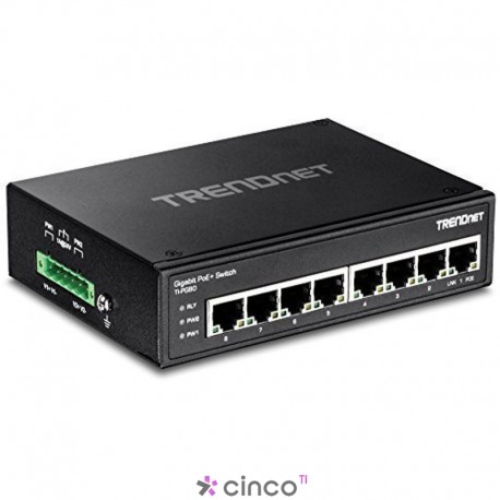 Switch Trendnet de trilho DIN gigabit industrial PoE+ endurecido de 8 portas TI-PG80