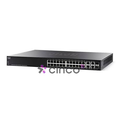  Cisco Switch SF300-24PP com 24x PoE+ 10/100Mbps RJ45, 2x Gigabit RJ45 e 2x Gigabit Combo (RJ45 ou SPF 1G) (PoE máx.: 180W)